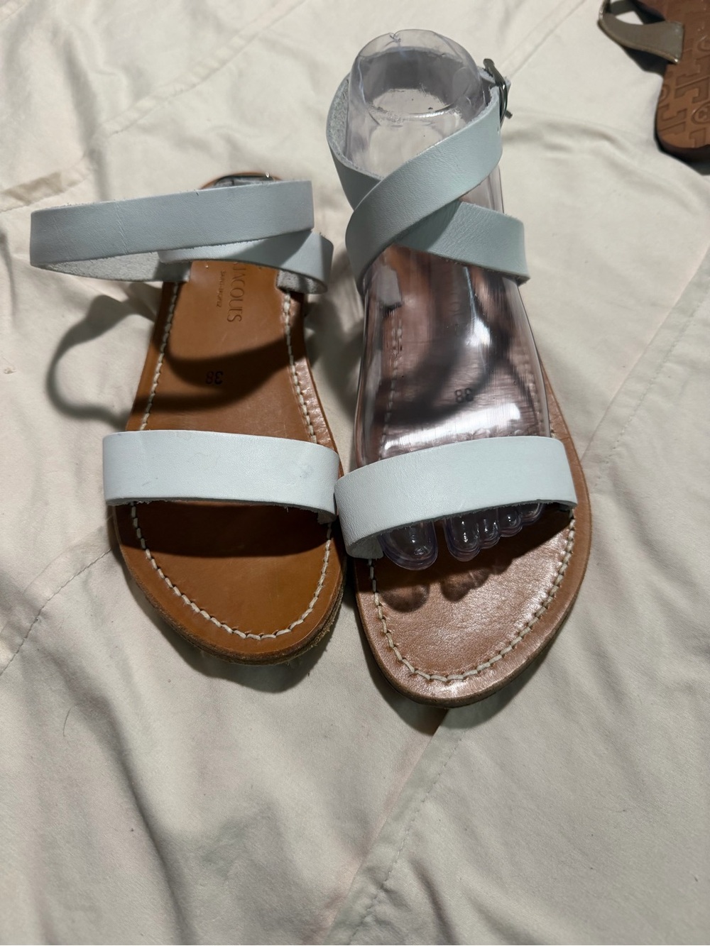 K.Jacques White Leather Strappy Flat Sandals with Ankle Wrap